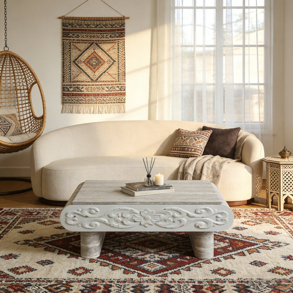 English Elm Rounded Edge Coffee Table Solid Wood Engraved Drawer Modern Living Room Storage Beige+Grey W3040P428762