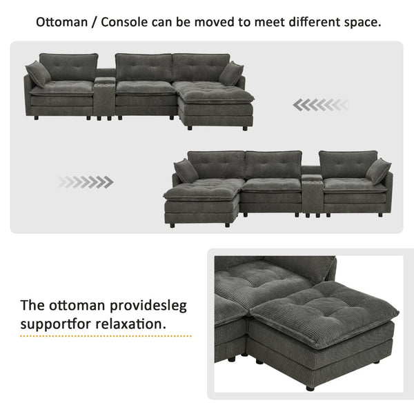 English Elm 119" Tufted Corduroy L-shaped Sectional with Ottoman Console Usb Charging 4 Seat Grey W1998S00102