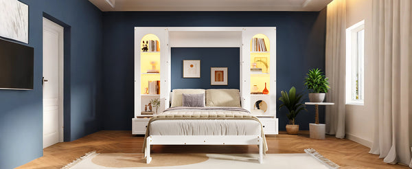 English Elm Queen Murphy Platform Bed with Foldaway Cabinet, Built-In LED, Side Cabinets & Drawers for Small Spaces White N7090002226K