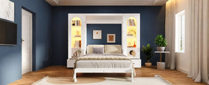 English Elm Queen Murphy Bed with Led Lighting Side Cabinets Shelving and Fold Down Desk Panel White N7090002226K-1