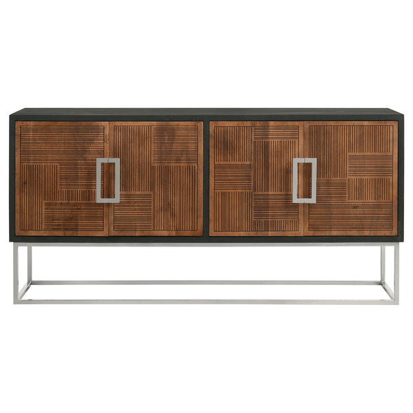 English Elm Washoe Rustic Walnut and Silver 4-Door Accent Cabinet with Metal Legs, Storage Shelves, 67"W B062P358336