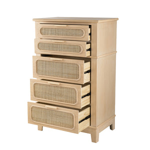 English Elm 29X18X46" Coastal-Inspired Tall Chest With Cane Drawers - Mid-Century Modern Storage Solution For Home W2078P179286