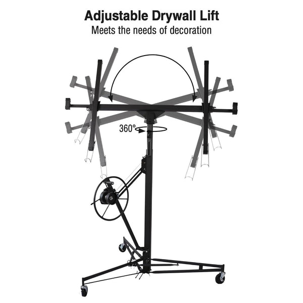 English Elm Drywall Hoist 11 Foot Steel Panel Lift with Telescopic Arm Winch and Locking Casters Black W2069P293026
