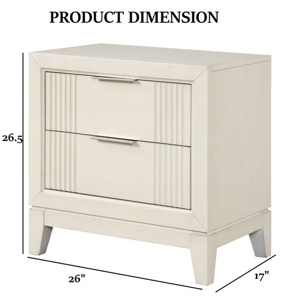 English Elm Transitional Fluted Nightstand Antique White Birch Wood Dovetail Drawers Chrome Pulls B2741P435885