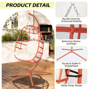 English Elm Egg Hanging Chair with Stand Pe Rattan Swing Seat Washable Cushion Patio Bedroom T5880P497444