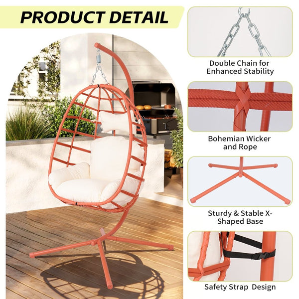 English Elm Egg Hanging Chair with Stand Pe Rattan Swing Seat Washable Cushion Patio Bedroom T5880P497444