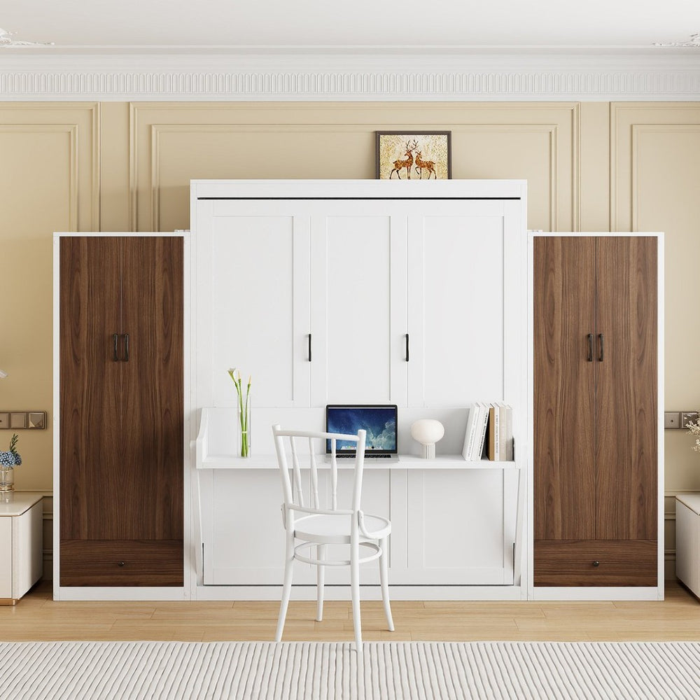 English Elm Full Size Murphy Wall Bed with Wardrobes Desk Drawers and Led Light in White LP000924AAK