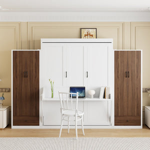 English Elm Full Size Murphy Wall Bed with Wardrobes Desk Drawers and Led Light in White LP000924AAK