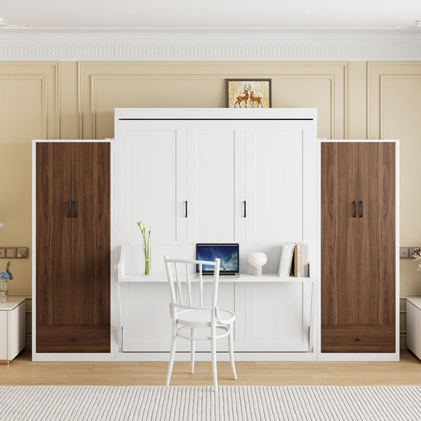 English Elm Full Size Murphy Wall Bed with Wardrobes Desk Drawers and Led Light in White LP000924AAK