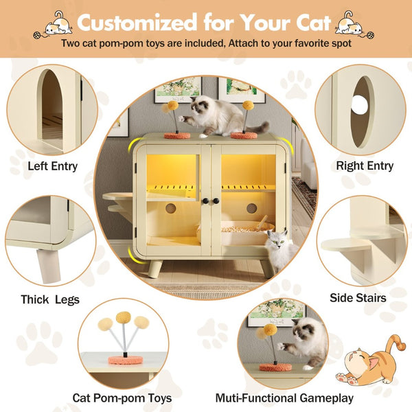 English Elm Cat Litter Box Enclosure Mdf Cabinet with Rgb Lighting Glass Doors and Play Loft Beige N704P419240A