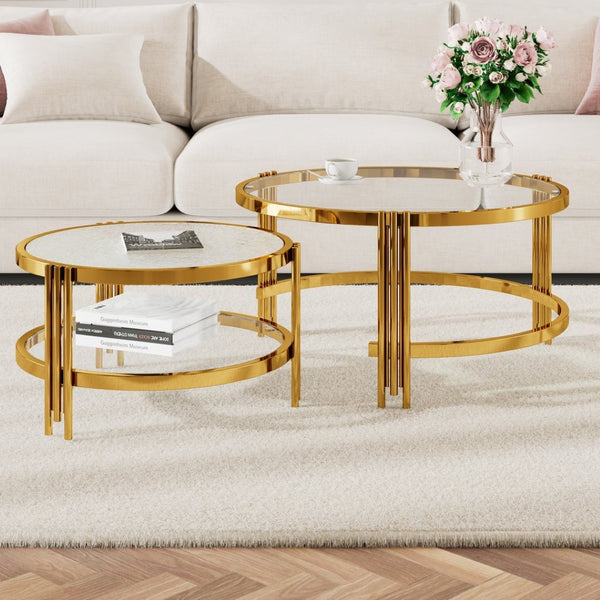 English Elm Modern Nesting Coffee Table Set Textured Tempered Glass Gold Tripod Base Living Room N735P354005A