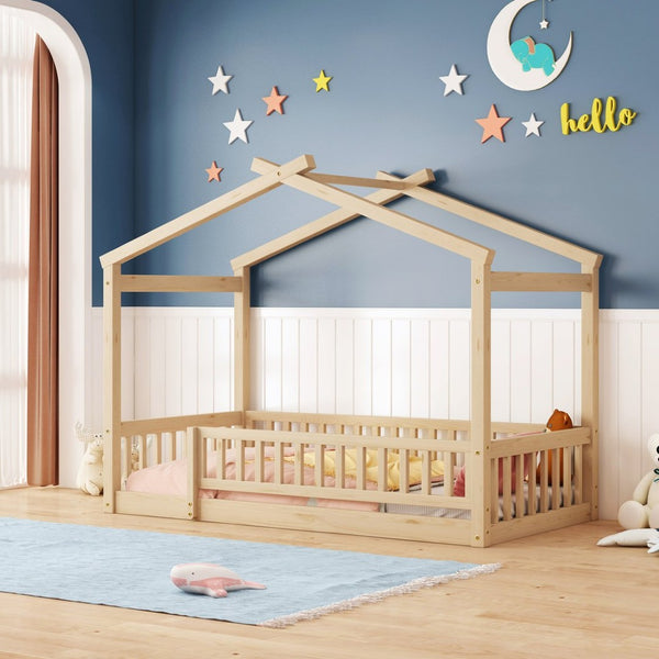 English Elm Twin Solid Pine House Bed Playhouse Frame with Fence Rail for Kids Rooms WF302176AAN