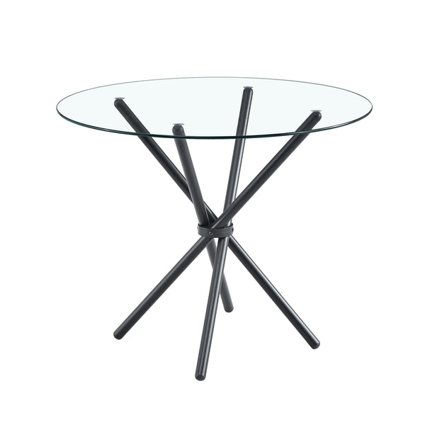 English Elm A circular tempered glass round table 36.6" diameter with sleek black ring metal legs, modern design W1151P294396