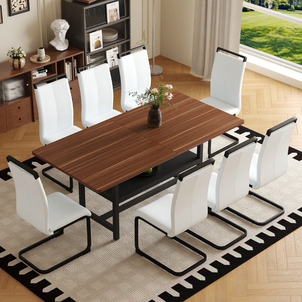 English Elm Table And Chair Set - 71" Walnut Grain Dining Table With 8 White Pu Chairs & Black Metal Legs W1151S04277-GIGA