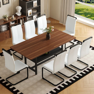 English Elm Table And Chair Set - 71" Walnut Grain Dining Table With 8 White Pu Chairs & Black Metal Legs W1151S04277-GIGA