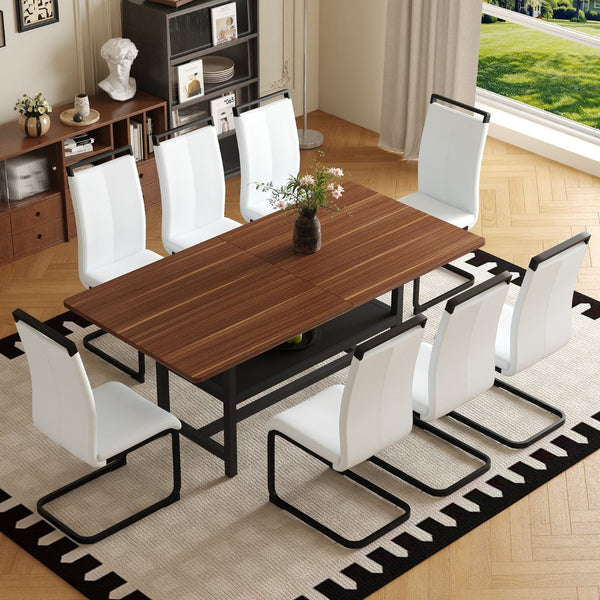 English Elm Table And Chair Set - 71" Walnut Grain Dining Table With 8 White Pu Chairs & Black Metal Legs W1151S04277-GIGA