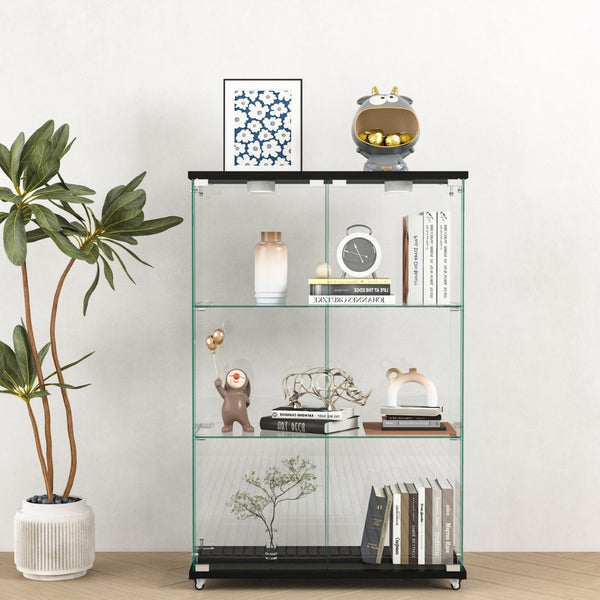 English Elm Modern Tempered Glass Display Cabinet with Led Lighting Three Shelf Living Room Showcase W241P400850