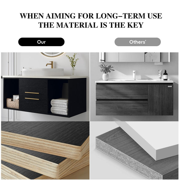 English Elm 39.4 Inch Floating Bathroom Vanity Sintered Stone Top Solid Wood 2 Soft Close Drawers W3136S00076