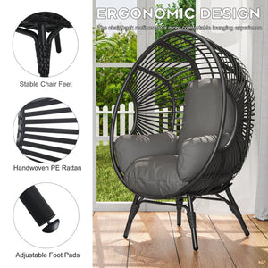 English Elm Elegant Woven Pe Rattan Hanging Egg Chair Galvanized Steel Frame Outdoor Patio Lounge Black+ Gray W3979P392998
