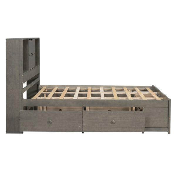 English Elm Queen Platform Bed Solid Pine Frame with Storage Headboard and Eight Organizer Drawers Gray GX000453AAE-1