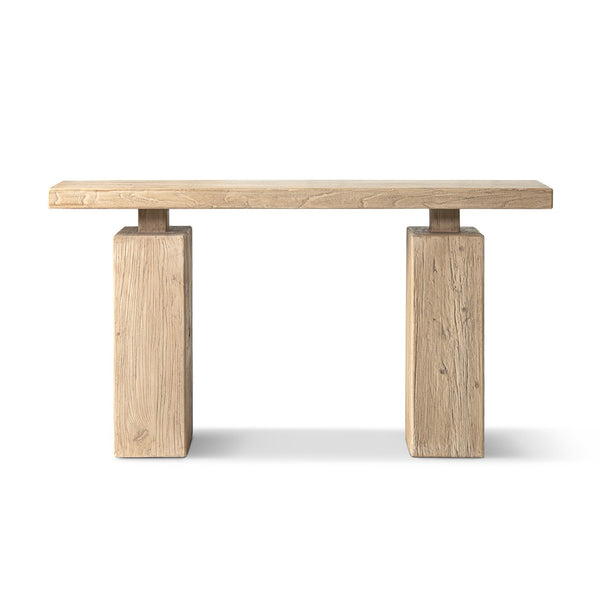 English Elm Calder Reclaimed Elm Plinth Console Table Sculptural Entryway Accent in Warm Brown B2719P474447