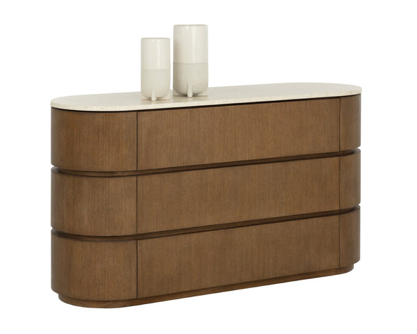Sunpan CALDORA Dresser - Sculptural Oak-Veneer Design with Polished Marble Top & Soft-Closing Drawers 112890
