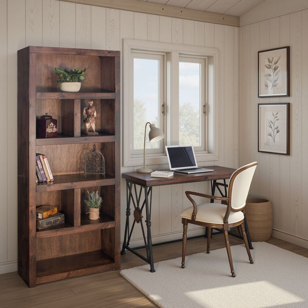 English Elm 79 Inch High Bookcase in Whiskey Finish — Solid Knotty Alder, 7 Shelves, Distressed Rustic Urban Style, Fully Assembled B108P160198