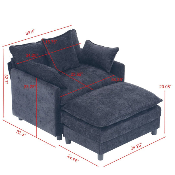 English Elm 39.4" Chenille Club Chair with Ottoman Solid Wood Frame for Living Room or Bedroom Black W3244P392667