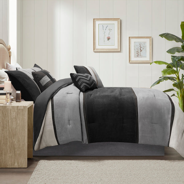 English Elm 7 Piece Faux Suede Comforter Set In Modern Black & Grey For Cal King - Cozy, Hypoallergenic & Stylish! B03597217