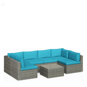 English Elm 7-piece Outdoor Modular Sectional Pe Wicker Patio Set with Tempered Glass Coffee Table Grey+Blue B082S00064