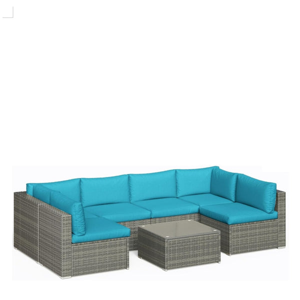 English Elm 7-piece Outdoor Modular Sectional Pe Wicker Patio Set with Tempered Glass Coffee Table Grey+Blue B082S00064
