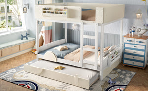 English Elm Full Bunk Bed with Trundle Bookshelf Storage Pine Frame Car Design for Kids Beige+White W1580S00444