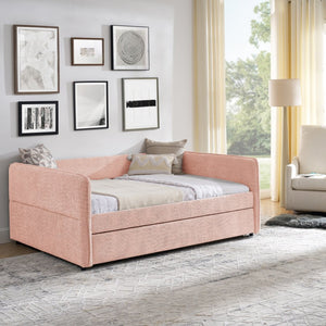 English Elm Full Size Boucle Daybed with Pop up Trundle Tufted Upholstered Sofa Sleeping Pink W1413S00175