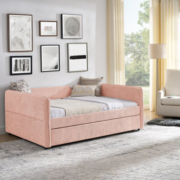 English Elm Full Size Boucle Daybed with Pop up Trundle Tufted Upholstered Sofa Sleeping Pink W1413S00175
