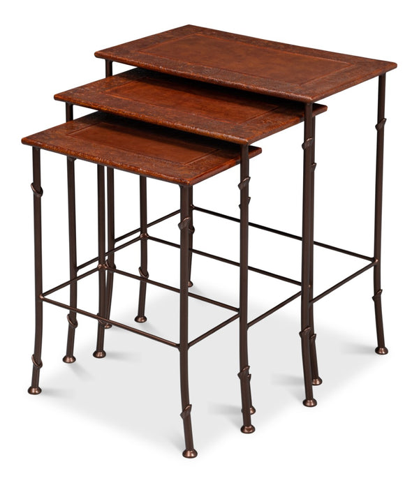 Sarreid Kew Gardens Leather Nesting Tables - Stylish Embossed Leather & Iron Faux Bamboo Design For Your Home Brown  16696