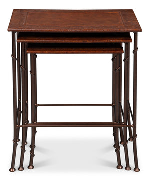 Sarreid Kew Gardens Leather Nesting Tables - Stylish Embossed Leather & Iron Faux Bamboo Design For Your Home Brown  16696