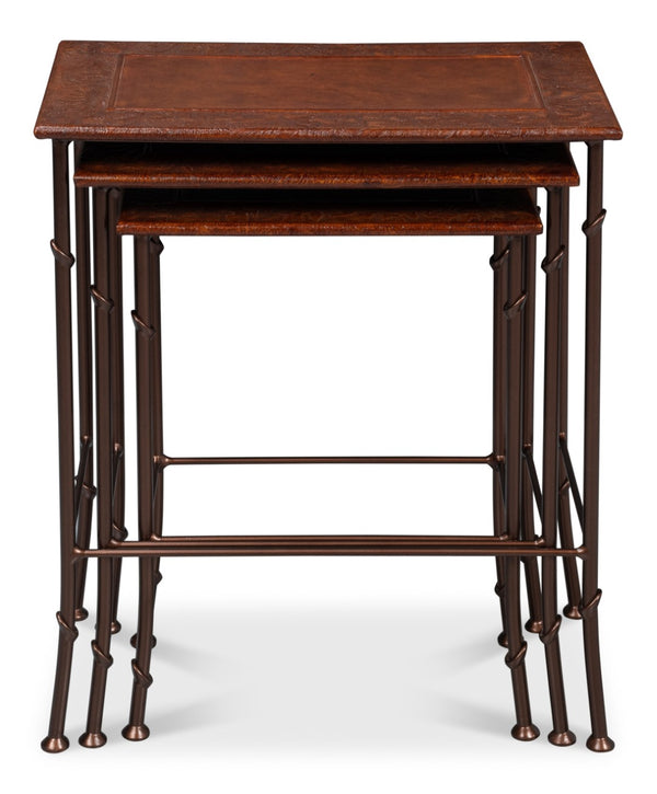 Sarreid Kew Gardens Leather Nesting Tables - Stylish Embossed Leather & Iron Faux Bamboo Design For Your Home Brown  16696
