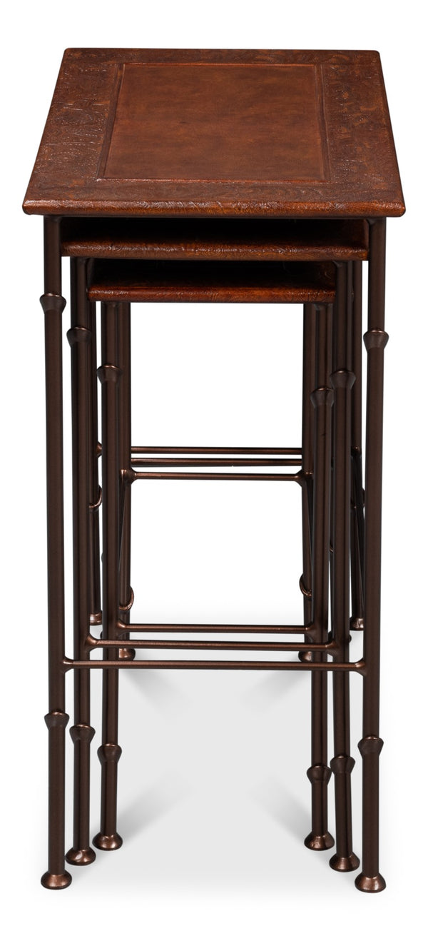 Sarreid Kew Gardens Leather Nesting Tables - Stylish Embossed Leather & Iron Faux Bamboo Design For Your Home Brown  16696