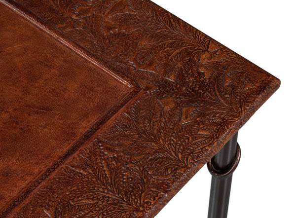 Sarreid Kew Gardens Leather Nesting Tables - Stylish Embossed Leather & Iron Faux Bamboo Design For Your Home Brown  16696