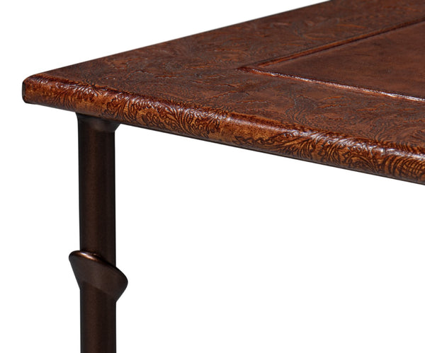 Sarreid Kew Gardens Leather Nesting Tables - Stylish Embossed Leather & Iron Faux Bamboo Design For Your Home Brown  16696