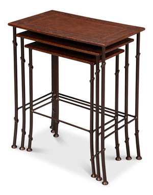 Sarreid Kew Gardens Leather Nesting Tables - Stylish Embossed Leather & Iron Faux Bamboo Design For Your Home Brown  16696