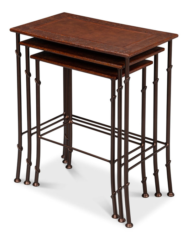 Sarreid Kew Gardens Leather Nesting Tables - Stylish Embossed Leather & Iron Faux Bamboo Design For Your Home Brown  16696