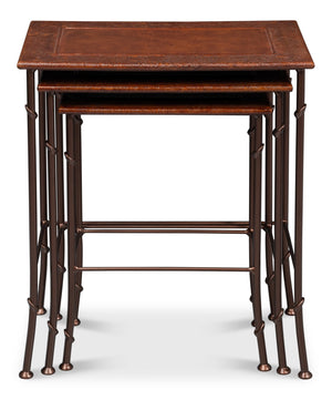 Sarreid Kew Gardens Leather Nesting Tables - Stylish Embossed Leather & Iron Faux Bamboo Design For Your Home Brown  16696