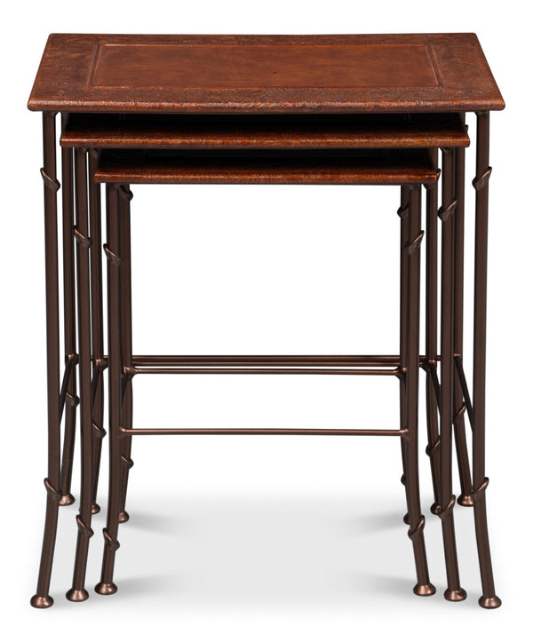 Sarreid Kew Gardens Leather Nesting Tables - Stylish Embossed Leather & Iron Faux Bamboo Design For Your Home Brown  16696