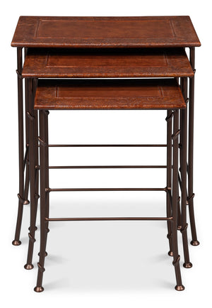 Sarreid Kew Gardens Leather Nesting Tables - Stylish Embossed Leather & Iron Faux Bamboo Design For Your Home Brown  16696