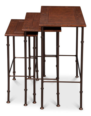 Sarreid Kew Gardens Leather Nesting Tables - Stylish Embossed Leather & Iron Faux Bamboo Design For Your Home Brown  16696