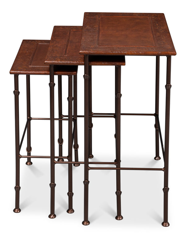 Sarreid Kew Gardens Leather Nesting Tables - Stylish Embossed Leather & Iron Faux Bamboo Design For Your Home Brown  16696