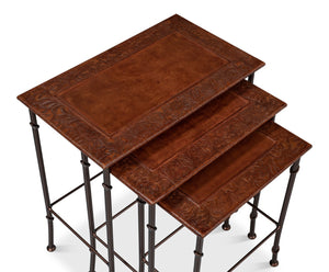 Sarreid Kew Gardens Leather Nesting Tables - Stylish Embossed Leather & Iron Faux Bamboo Design For Your Home Brown  16696