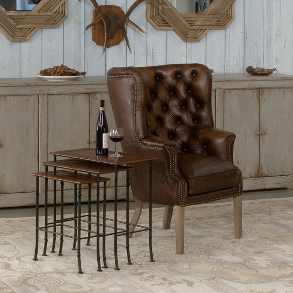 Sarreid Kew Gardens Leather Nesting Tables - Stylish Embossed Leather & Iron Faux Bamboo Design For Your Home Brown  16696