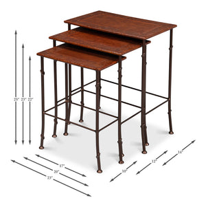 Sarreid Kew Gardens Leather Nesting Tables - Stylish Embossed Leather & Iron Faux Bamboo Design For Your Home Brown  16696